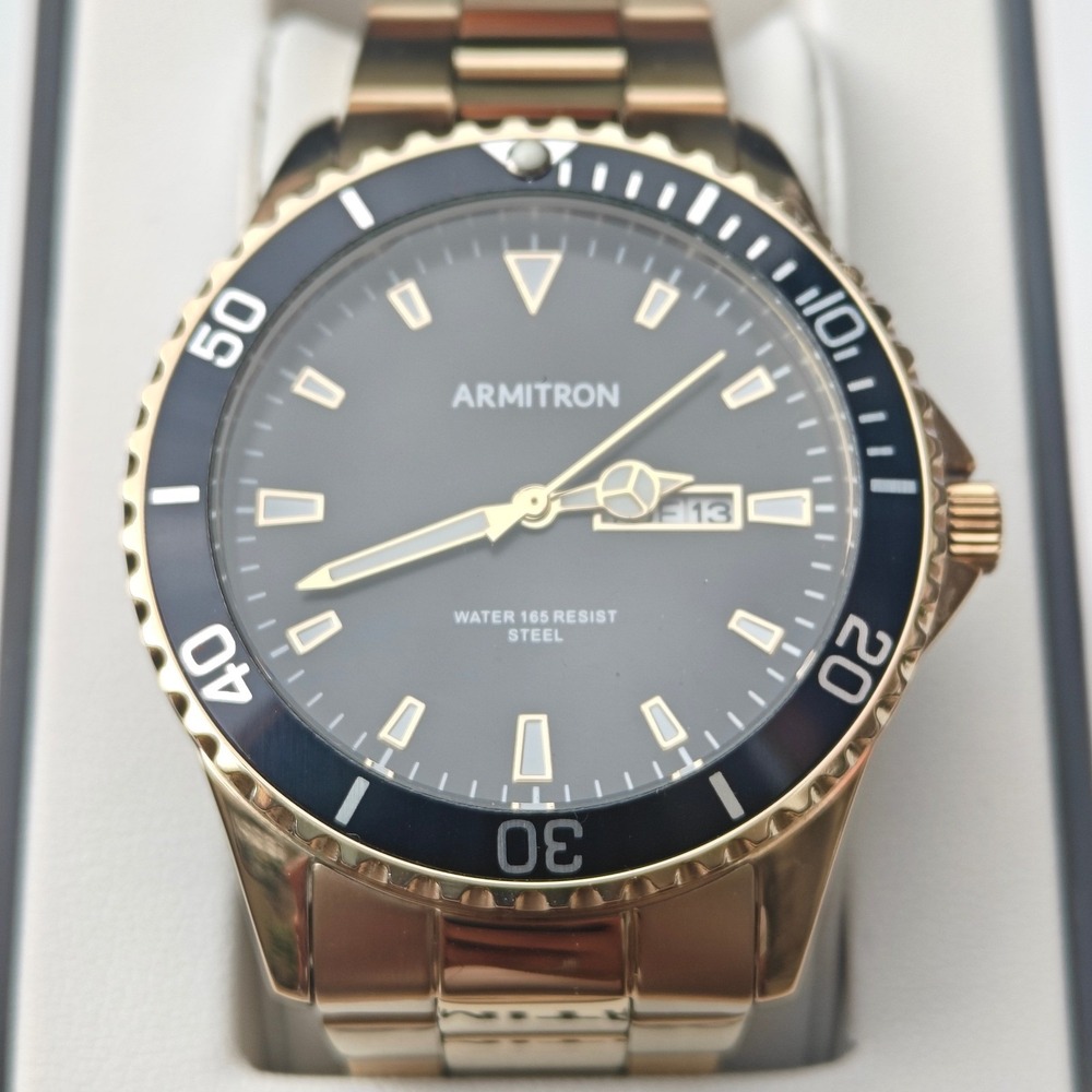 Men's Armitron Gold Tone Stainless Steel Scuba Diver Watch Date Black Dial New